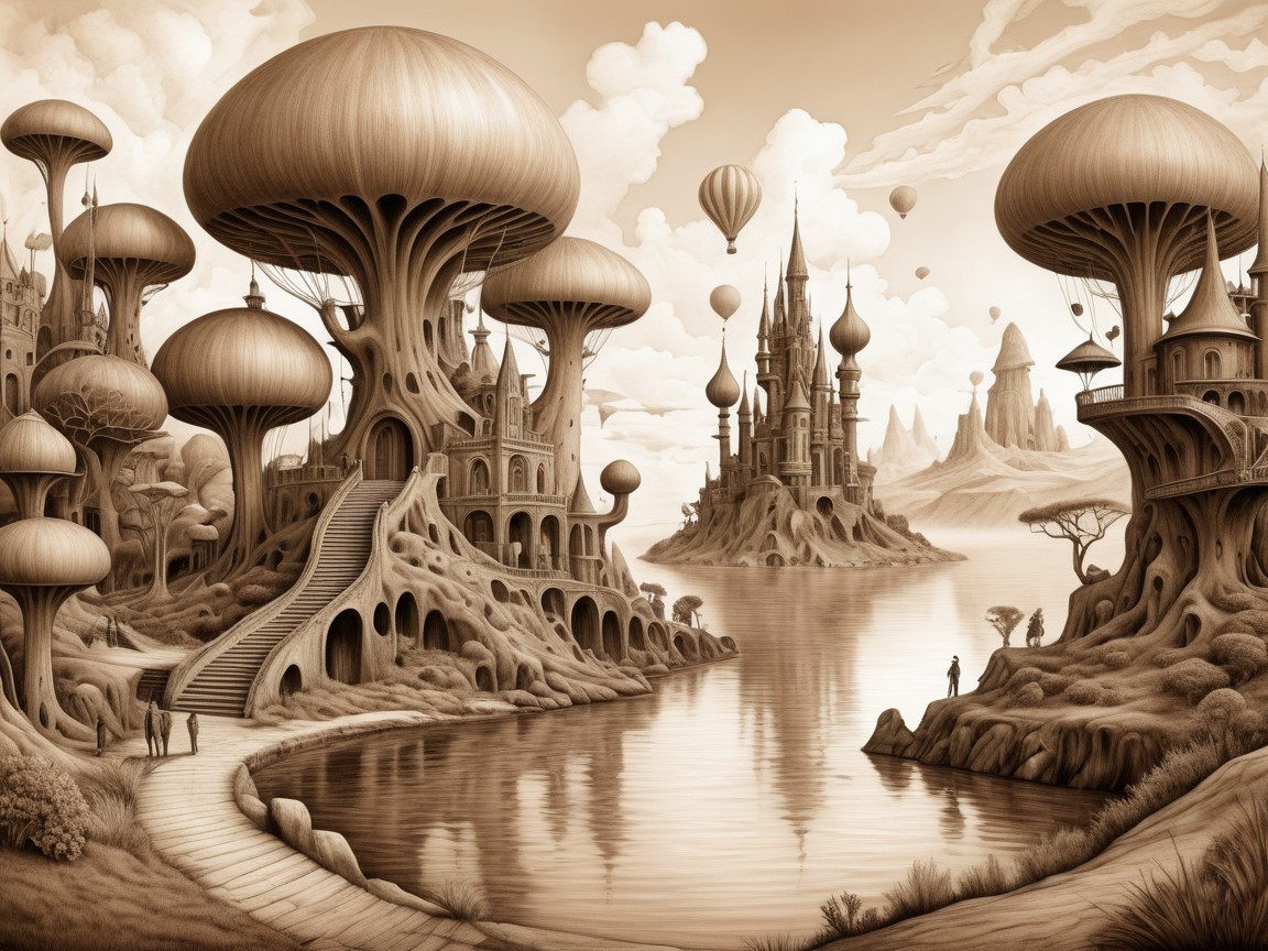 Dreamy Landscape with Mushroom Structures and Castles