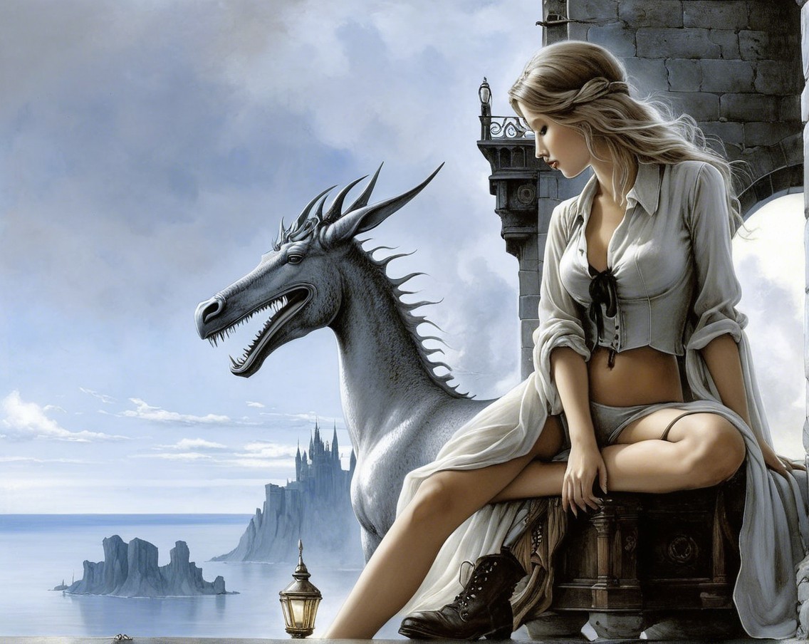 Woman in White Outfit with Silver Dragon by Sea