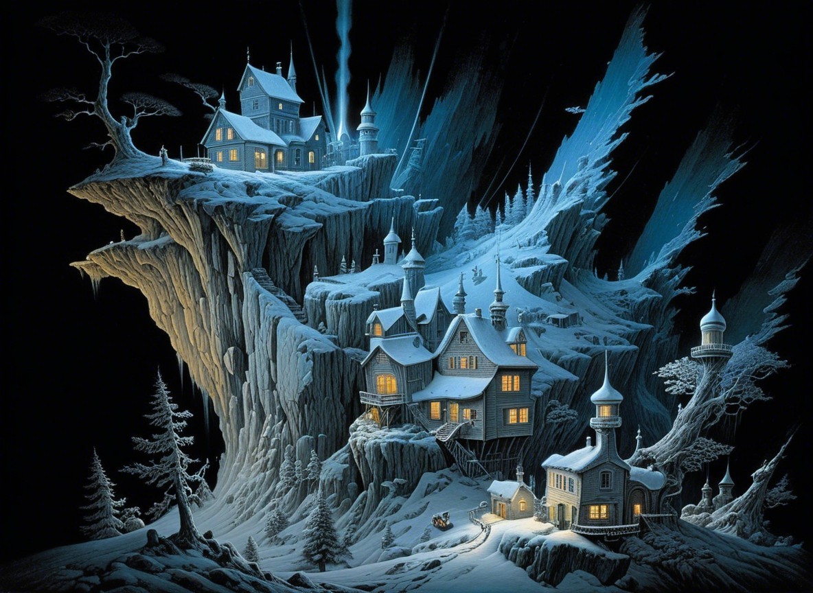 Mystical Winter Landscape with Snow-Covered Houses
