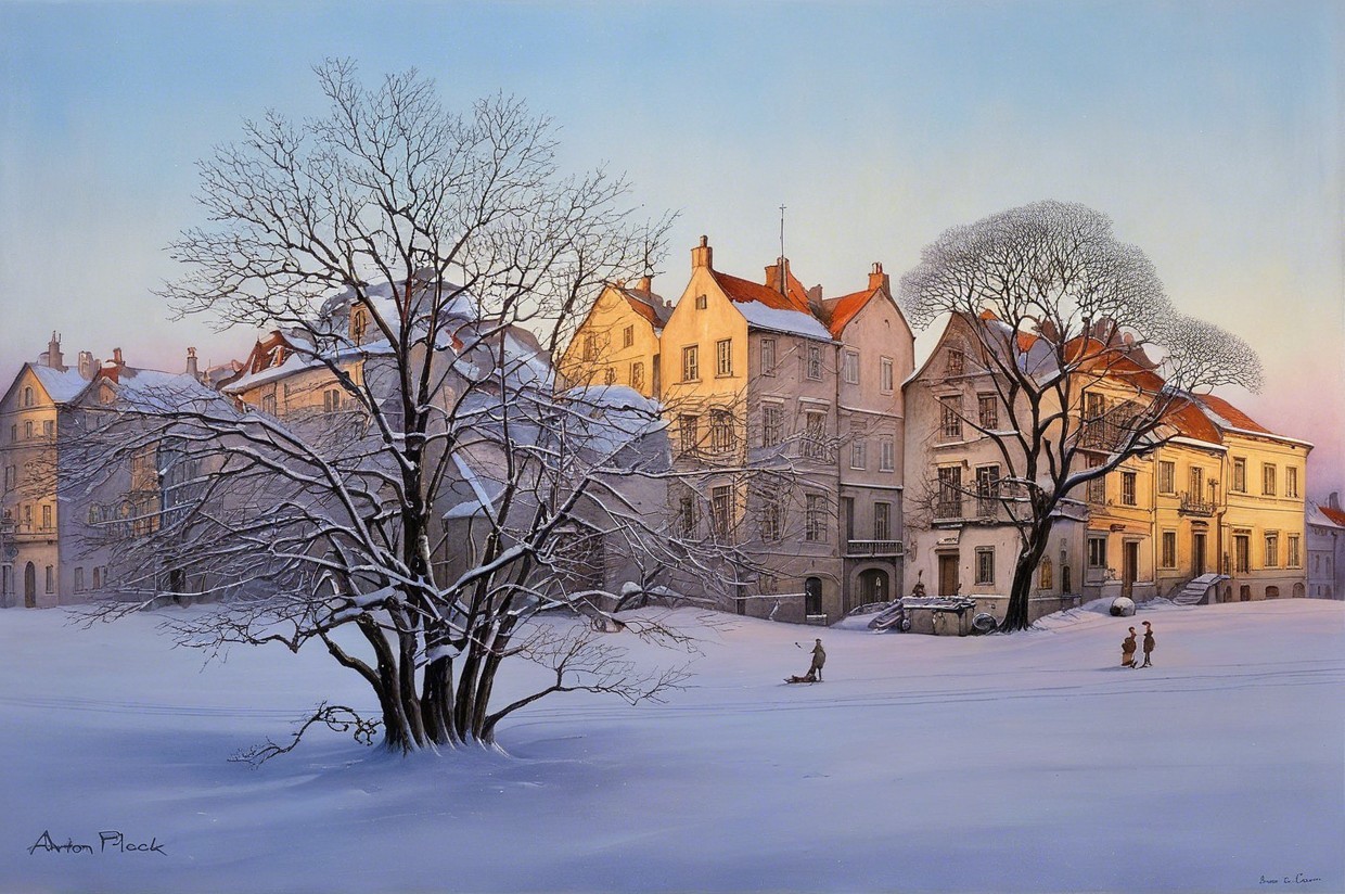 Serene Winter Village Scene with Snow-Covered Buildings