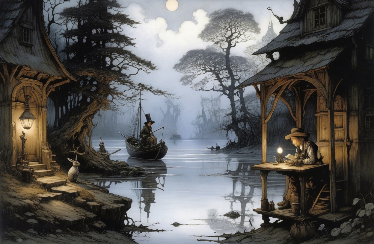 Twilight Scene by Misty River with Wooden House