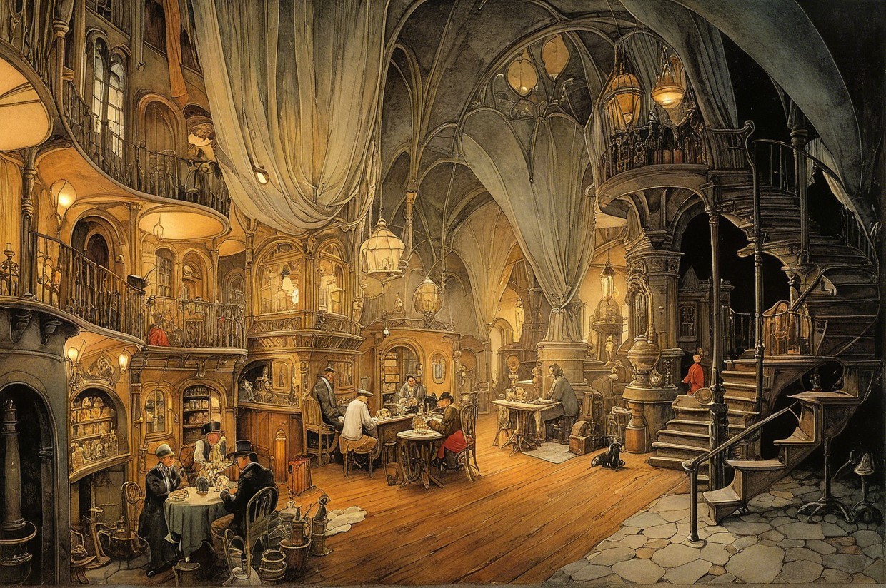Whimsical Multi-Level Tavern with Intricate Architecture