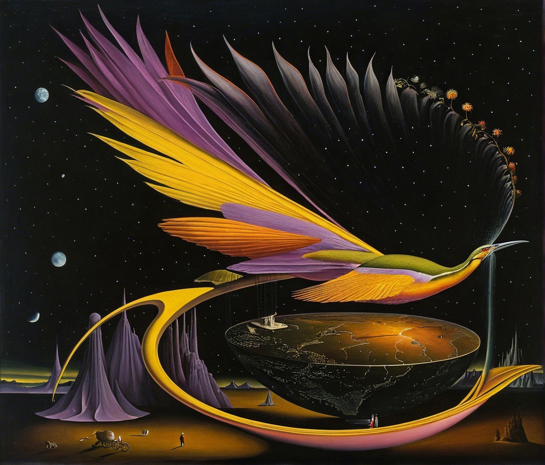 Surreal Landscape with Colorful Bird and Celestial Elements