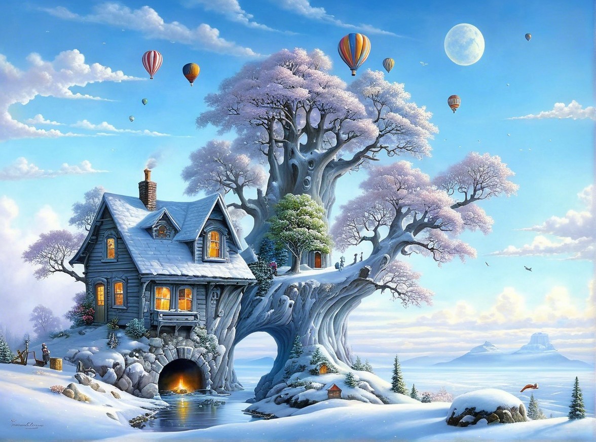 Whimsical Winter Scene with Snowy House and Balloons