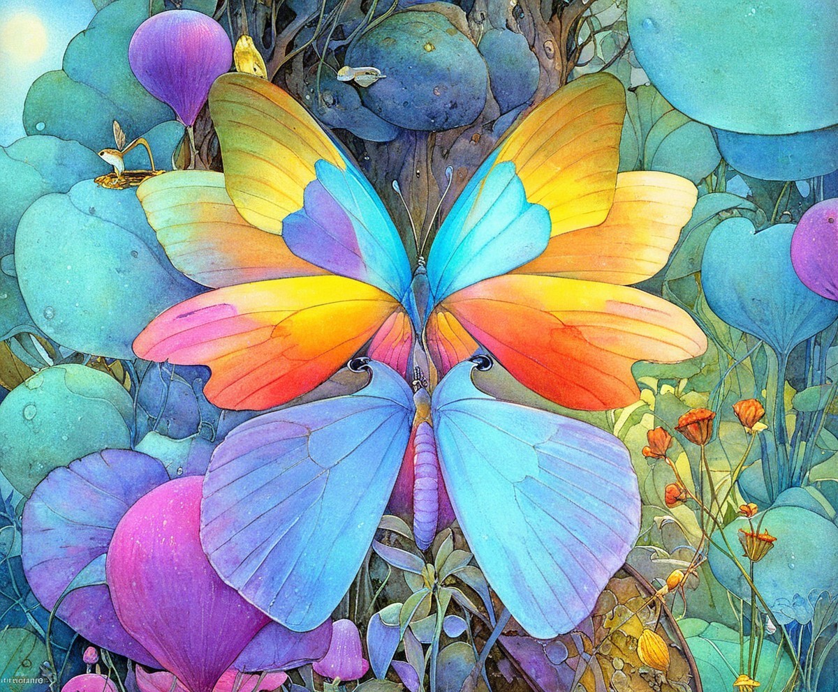 Brightly Colored Butterflies in Dreamlike Garden Setting