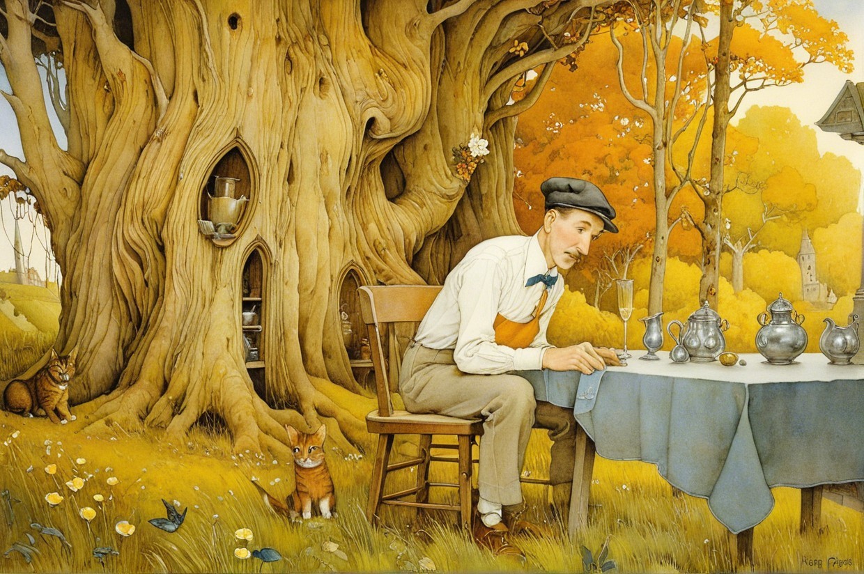 Serene autumn scene with man, cats, and wildflowers