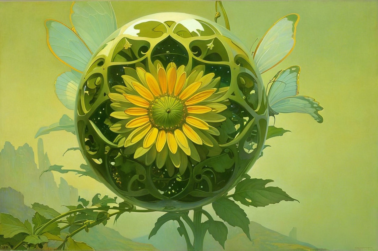 Surreal Scene with Spherical Structure and Flowers