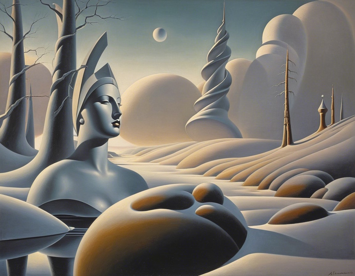 Surreal Landscape with Abstract Forms and Goddess Figure