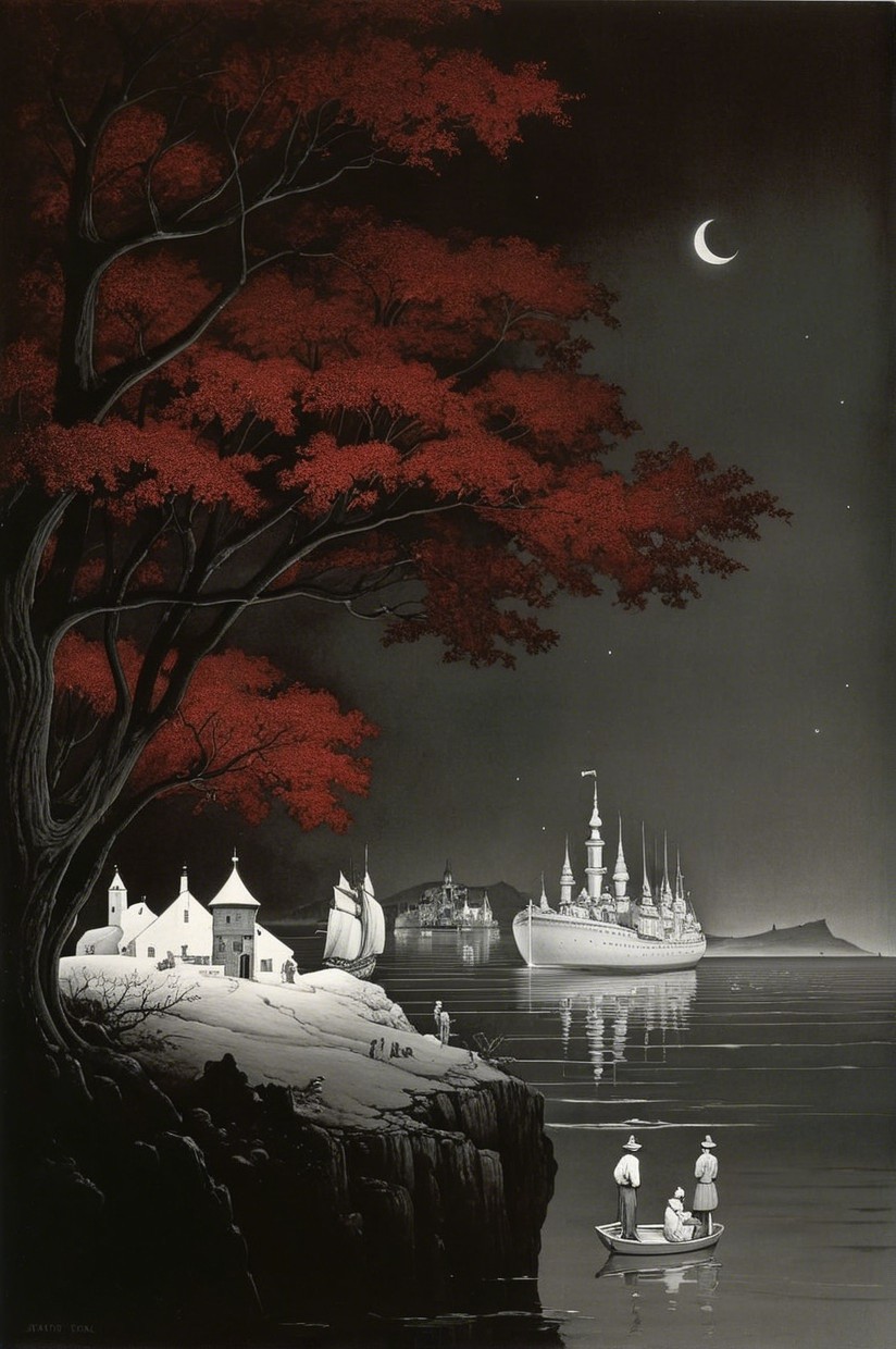 Twilight Bay Scene with Ship and Cliffside Figures