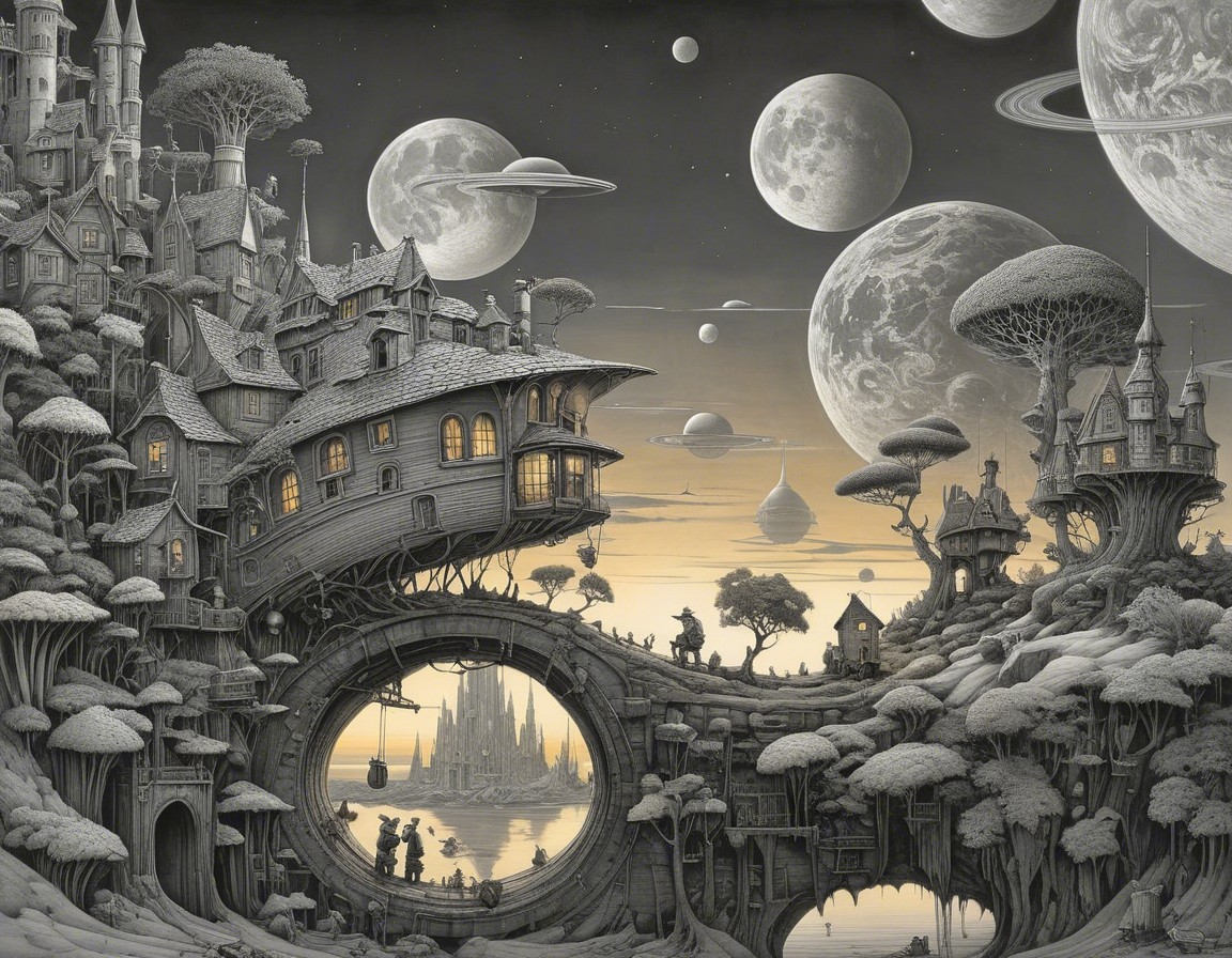 Monochromatic Fantasy Village with Surreal Landscape