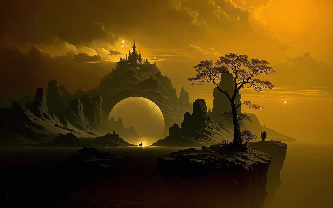 Surreal Dusk Landscape with Castle and Celestial Body