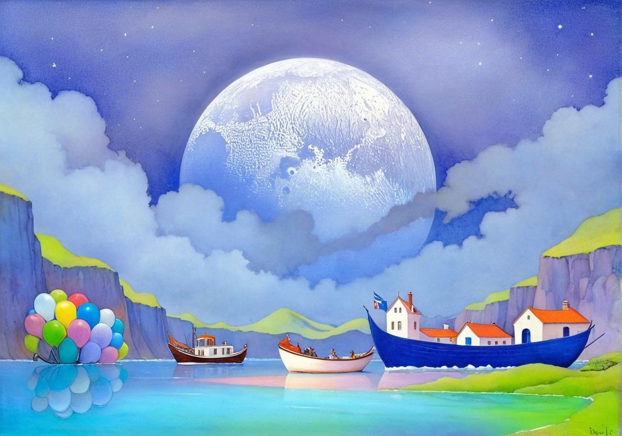 Serene Landscape with Boats and Luminous Moon