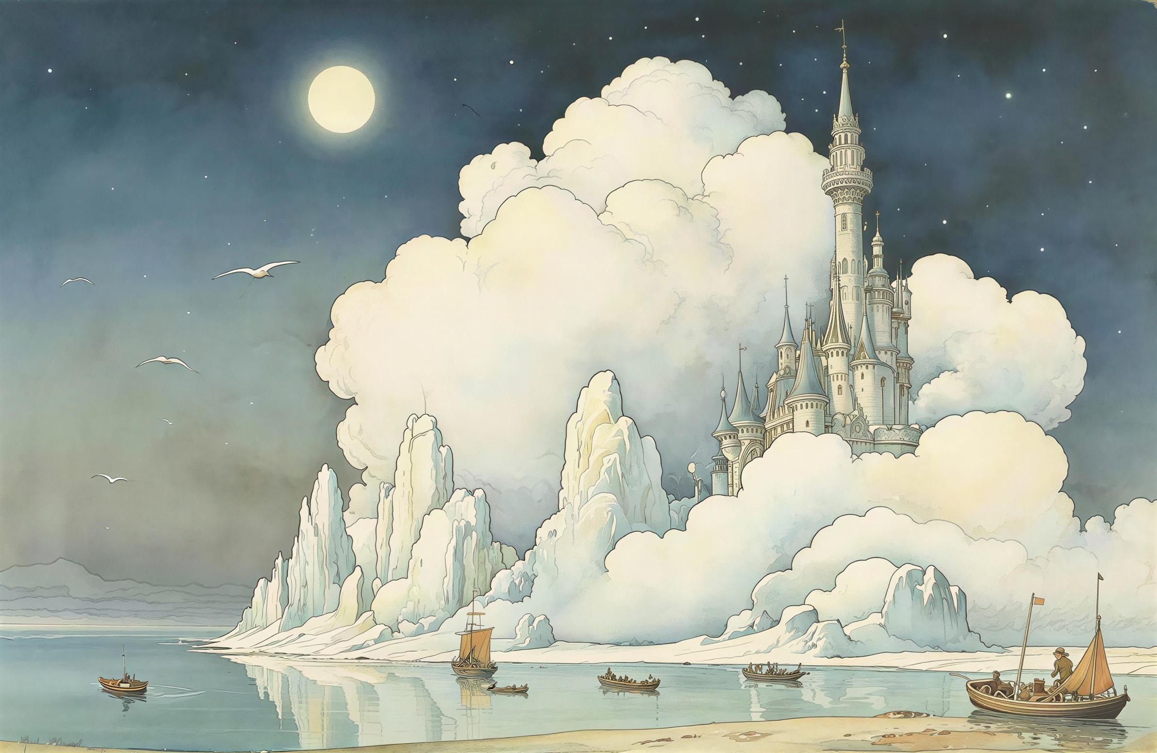 Fairytale Castle Illustration in Cloudy Night Sky