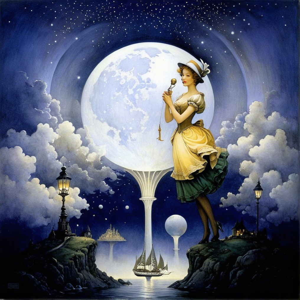 Whimsical Scene of Woman in Vintage Dress on Cliff