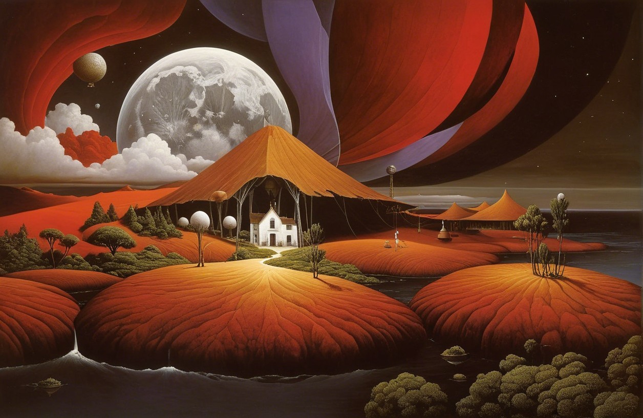 Surreal Landscape with Floating Shapes and Vibrant Colors