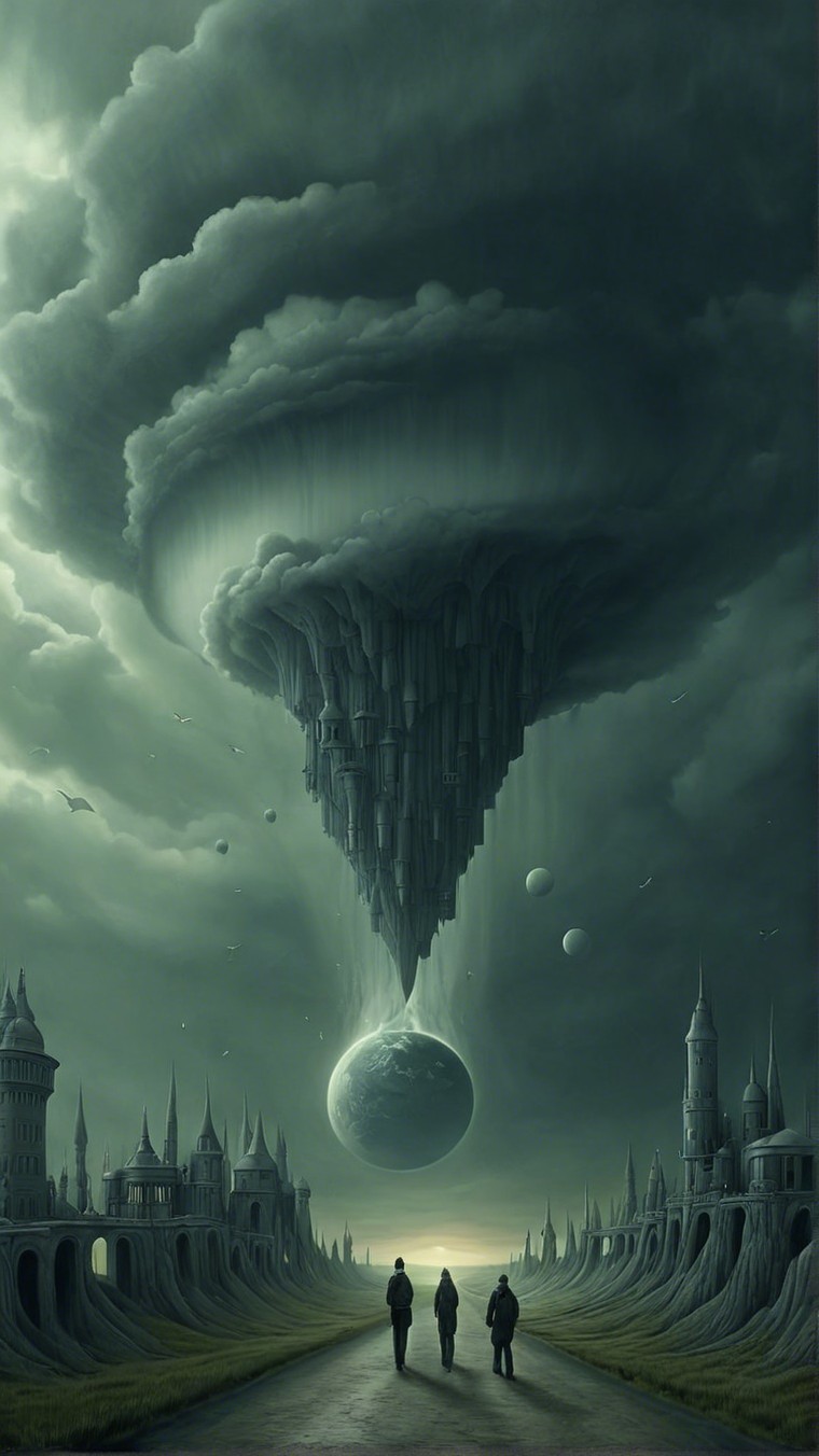 Surreal landscape with figures and inverted cloud formation