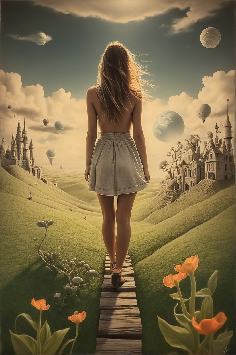 Woman Walking on Path Through Dreamlike Landscape
