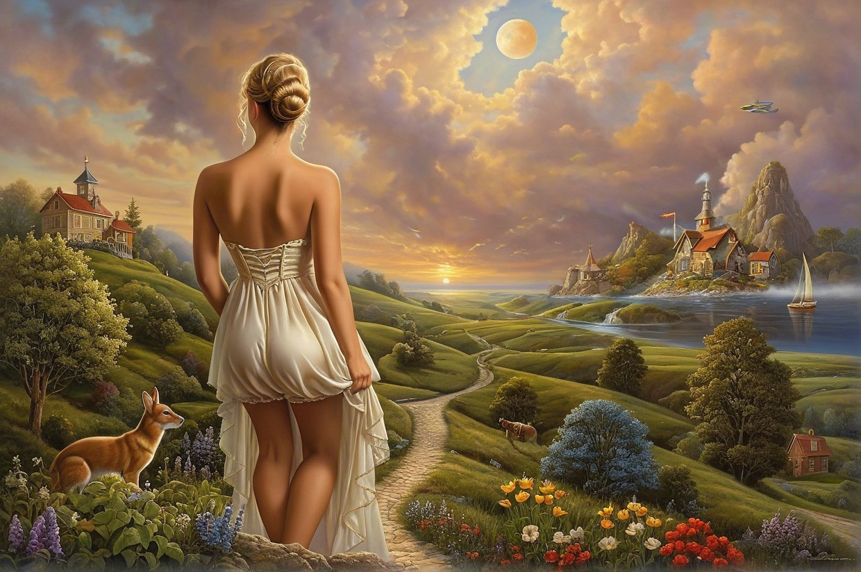 Serene landscape with woman at sunset and nature elements