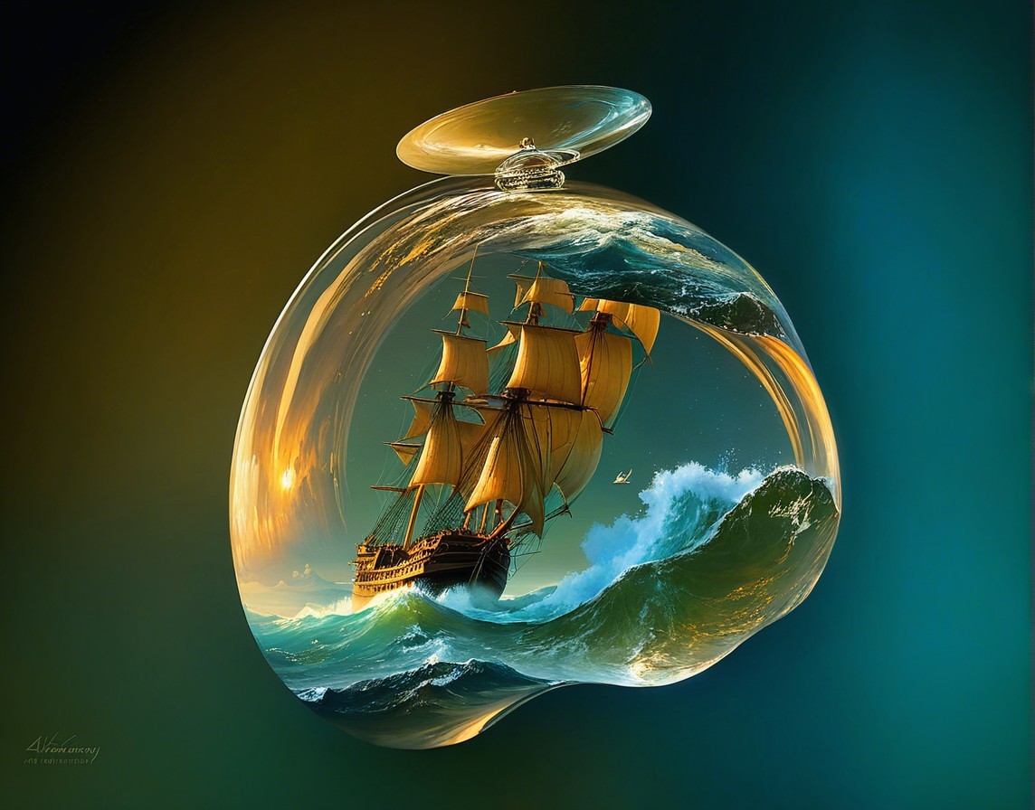 Sailing Ship in a Bubble with Sunset and Waves