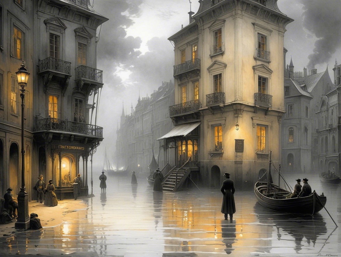 Vintage Cityscape with Serene Street Scene and Water