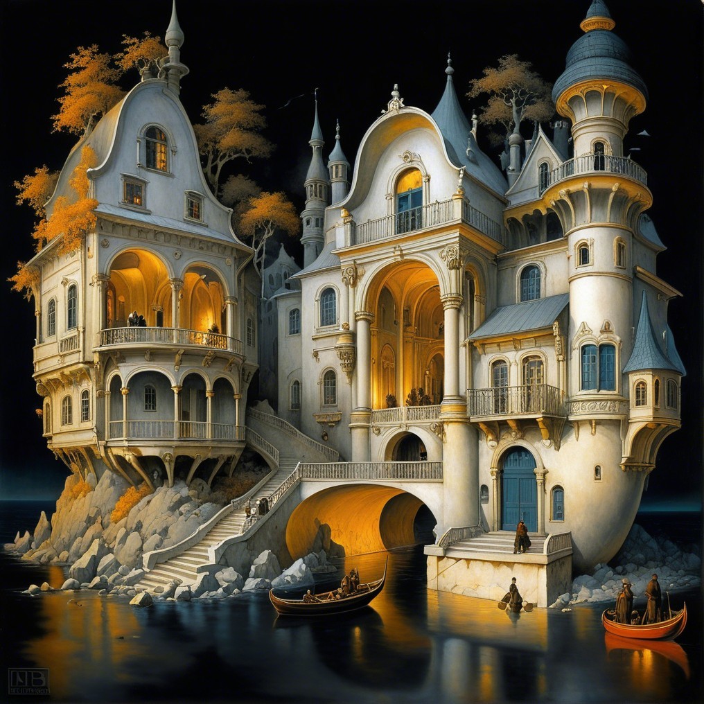 Moonlit Castle on Shore with Autumn Foliage