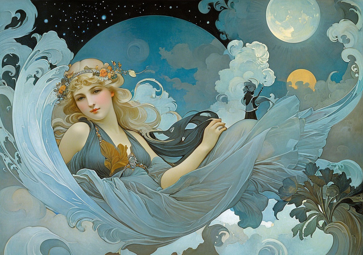 Ethereal figure in blue fabric against starry sky