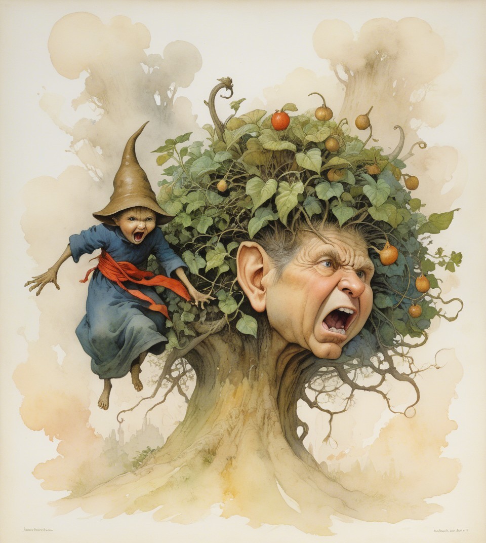 Whimsical Tree with Angry Face and Playful Child