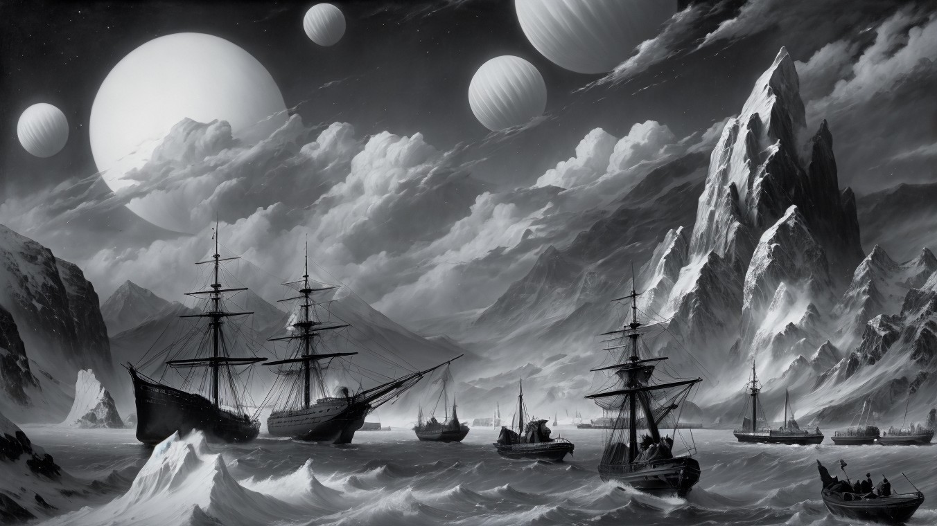 Dramatic Black-and-White Scene of Sailing Ships and Planets