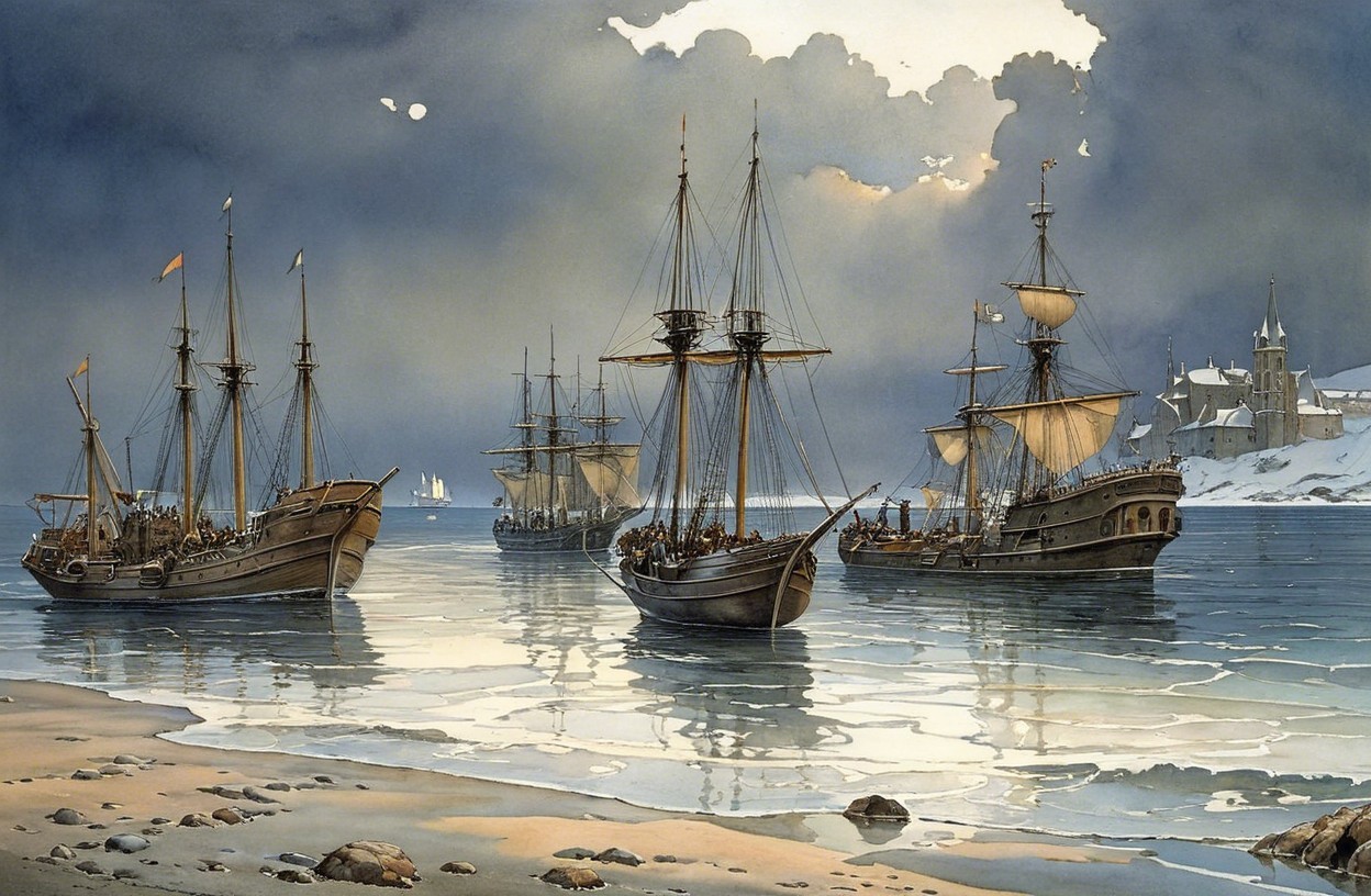 Coastal Scene with Anchored Ships and Village View