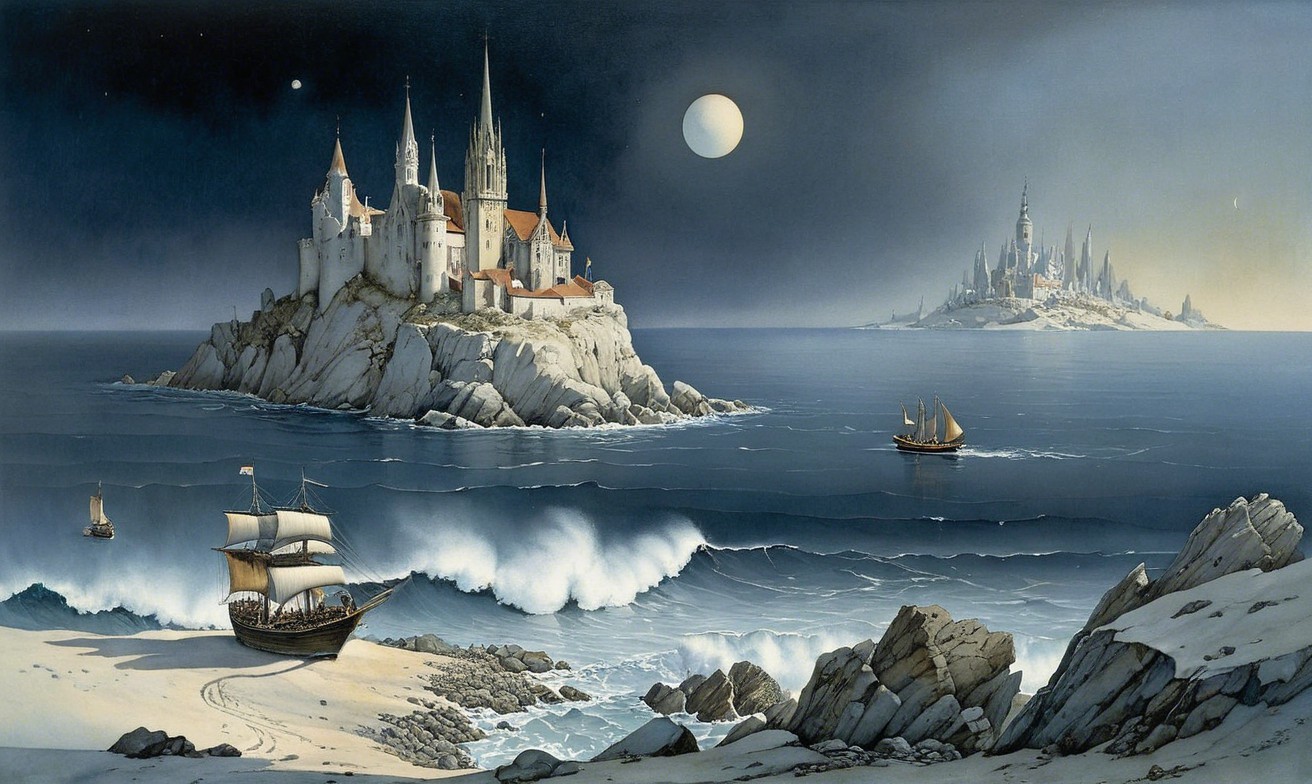 Mystical Seascape with Castles and Sailing Ship