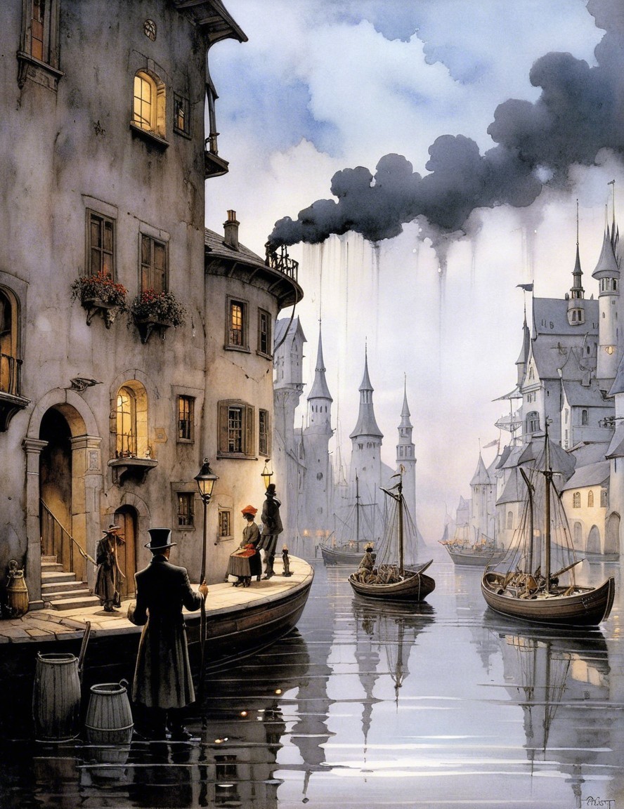 Misty Waterfront with Whimsical Victorian Architecture
