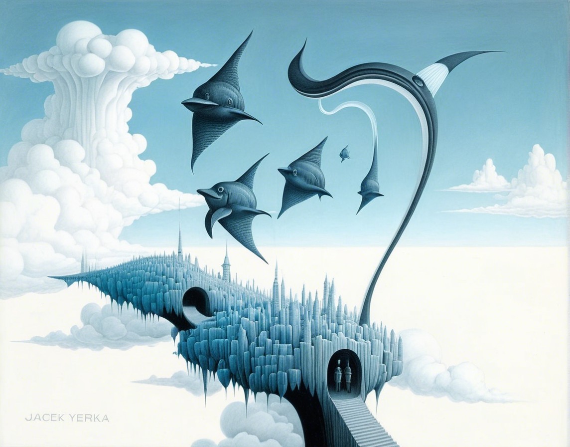 Surreal Landscape with Icy Castle Structures and Creatures