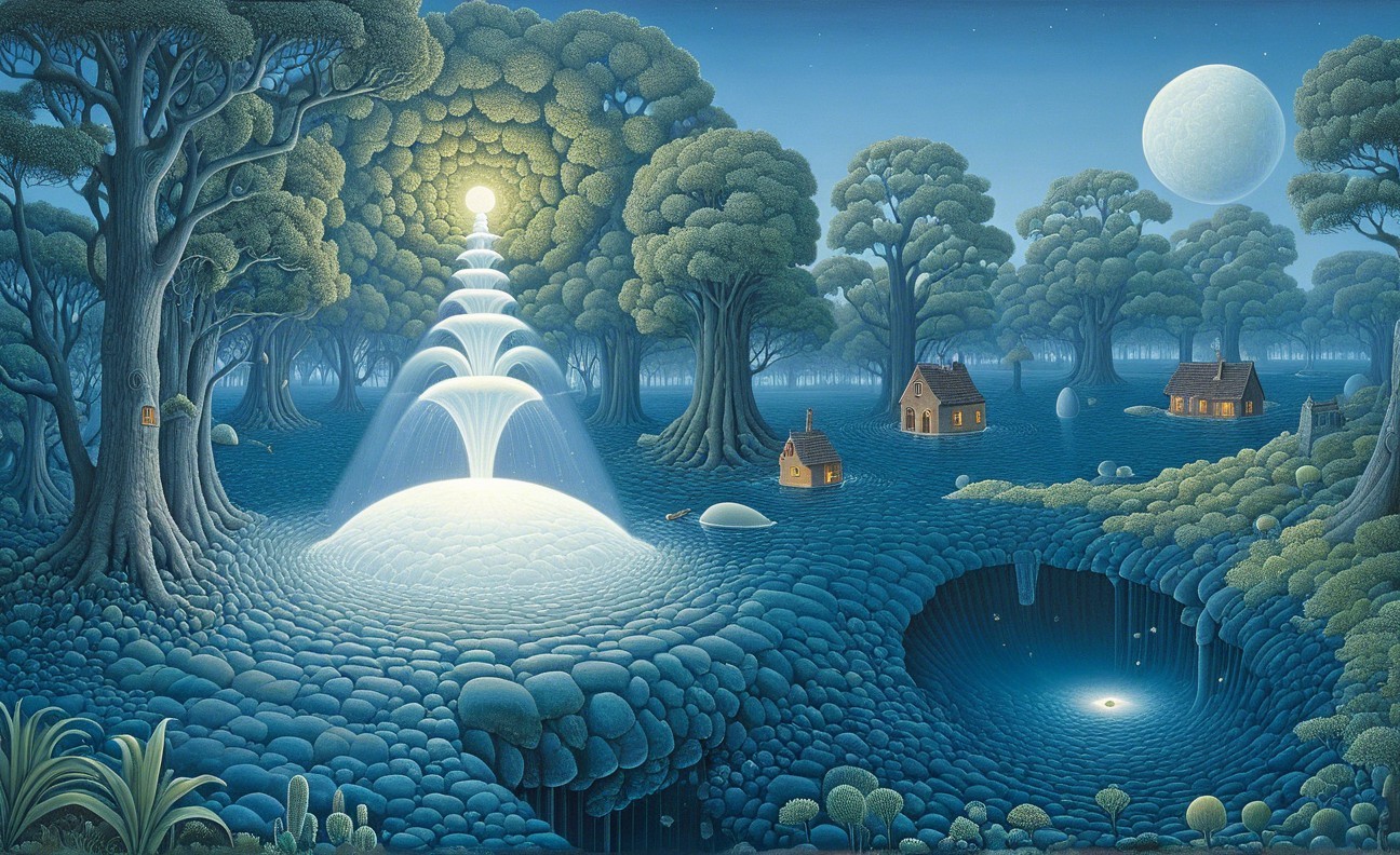 Otherworldly Landscape with Light Fountain and Trees