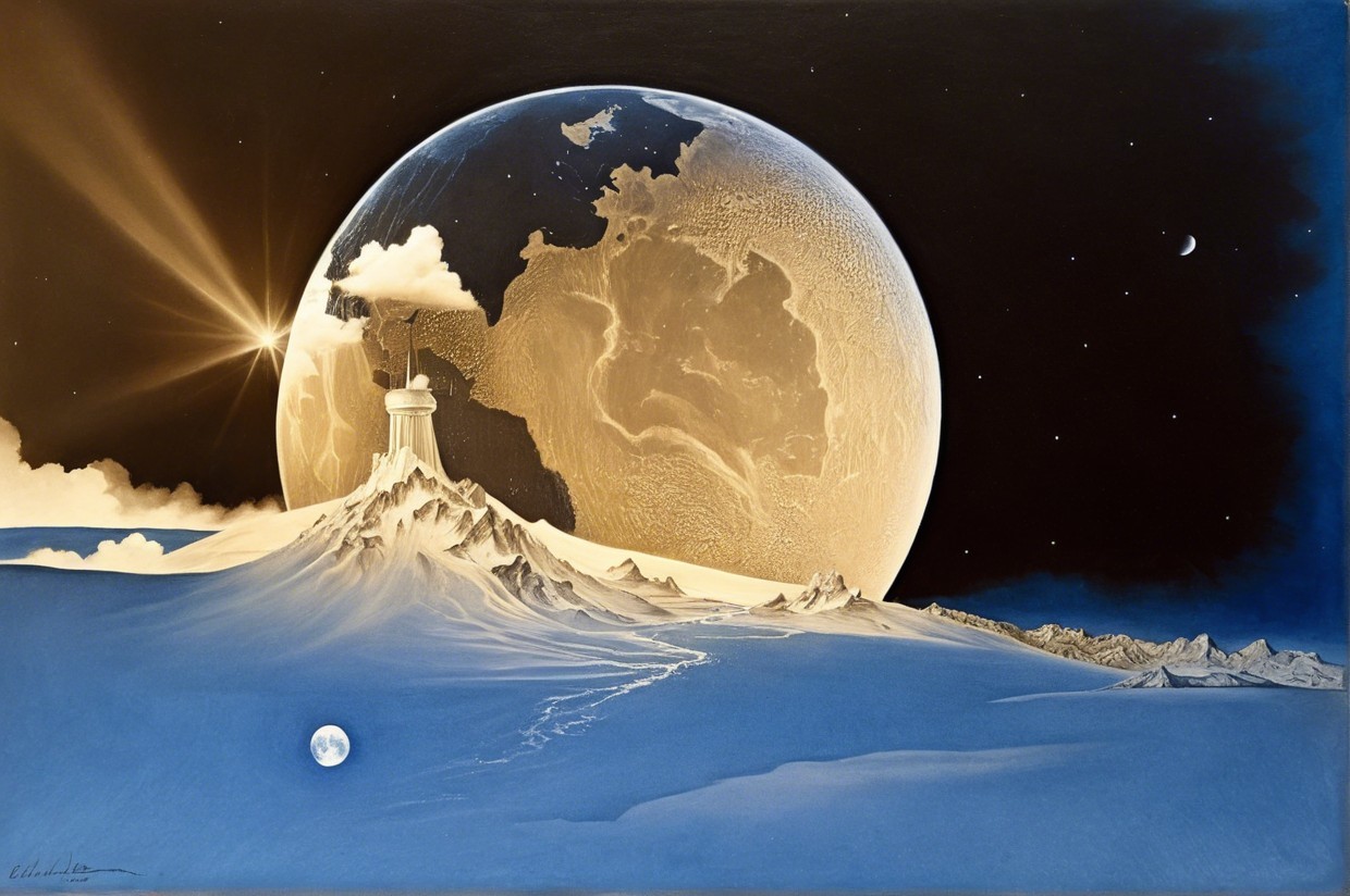 Surreal Landscape with Mountain and Illuminated Planet