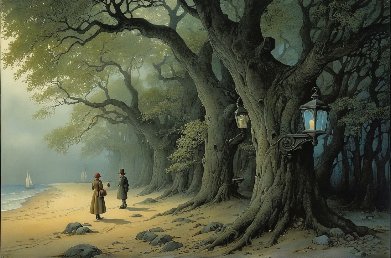 Serene forest path with ancient trees and figures