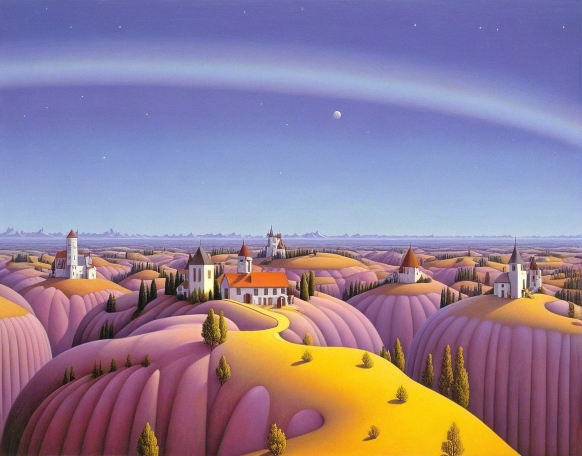 Serene Landscape with Rolling Hills and Villages