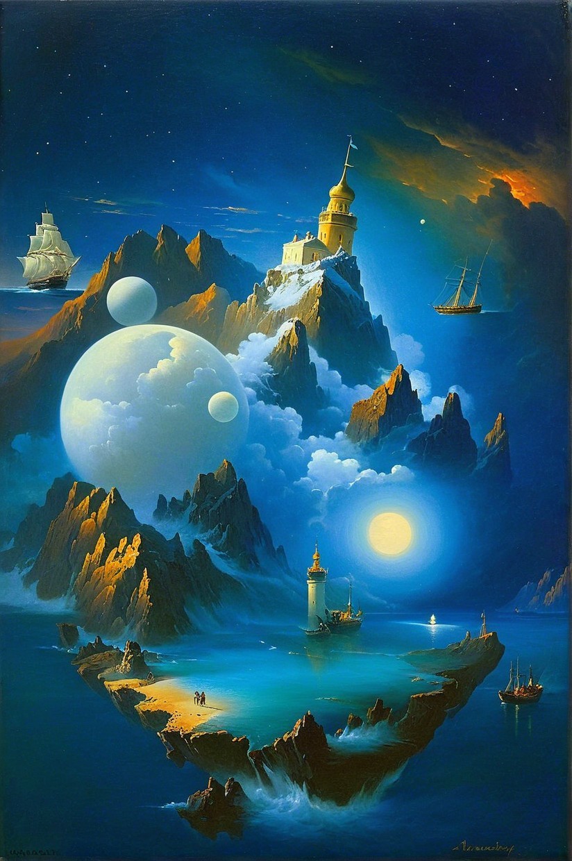 Surreal Landscape with Mountains and Night Sky