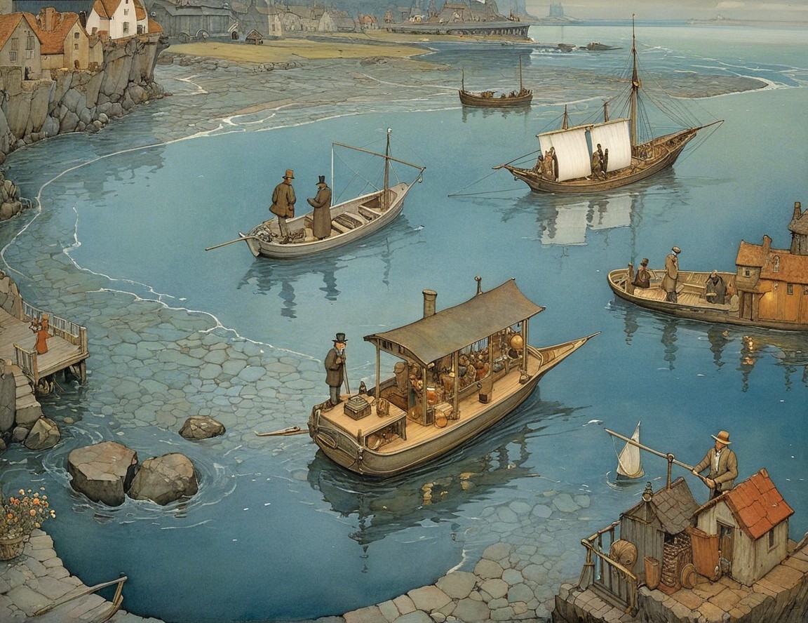 Coastal Scene with Boats and Rocky Shores