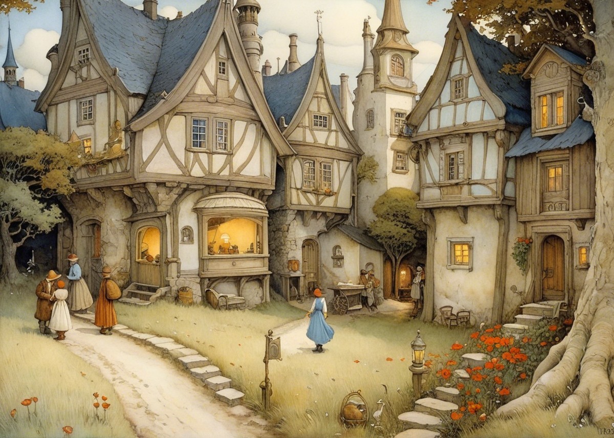Charming Village Scene with Fairy-Tale Houses and Lanterns