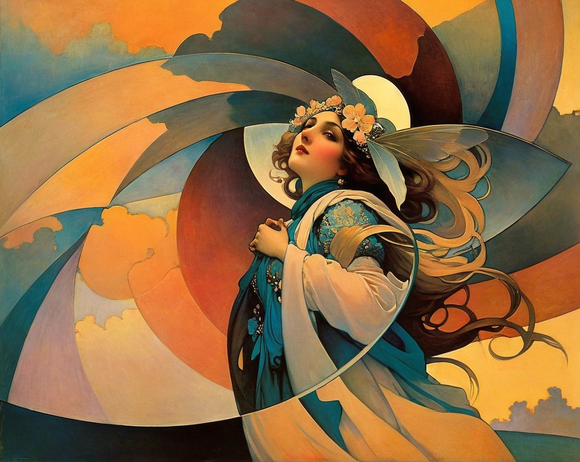 Serene Woman in Ornate Gown Against Colorful Backdrop
