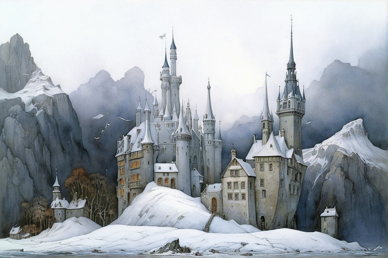 Majestic Castle on Snowy Hill with Serene Landscape