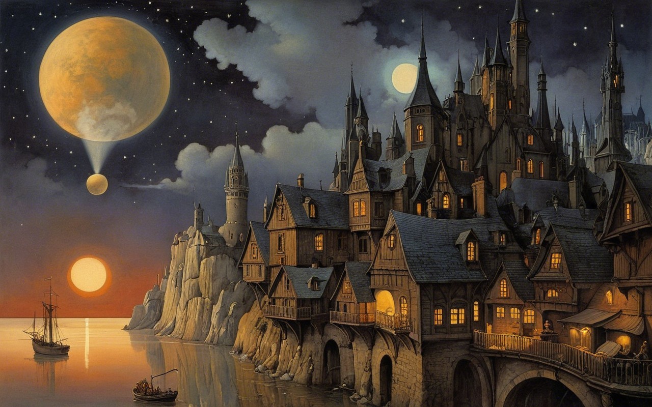 Mystical village night scene with castles and stars