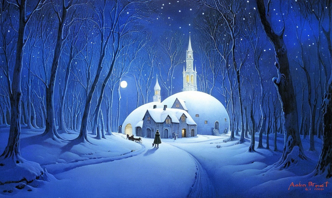 Winter Landscape with Snowy Path and Dome Building
