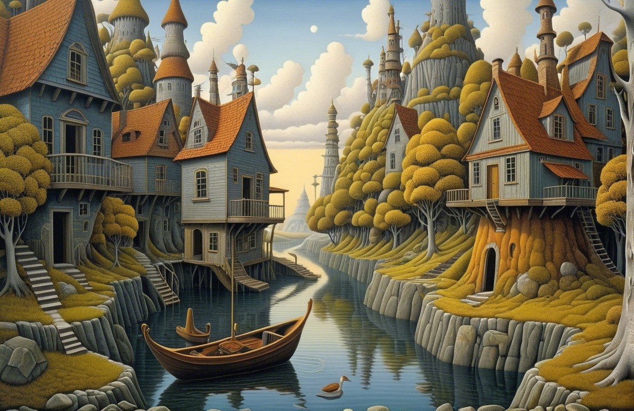 Whimsical Landscape with Quaint Houses and River