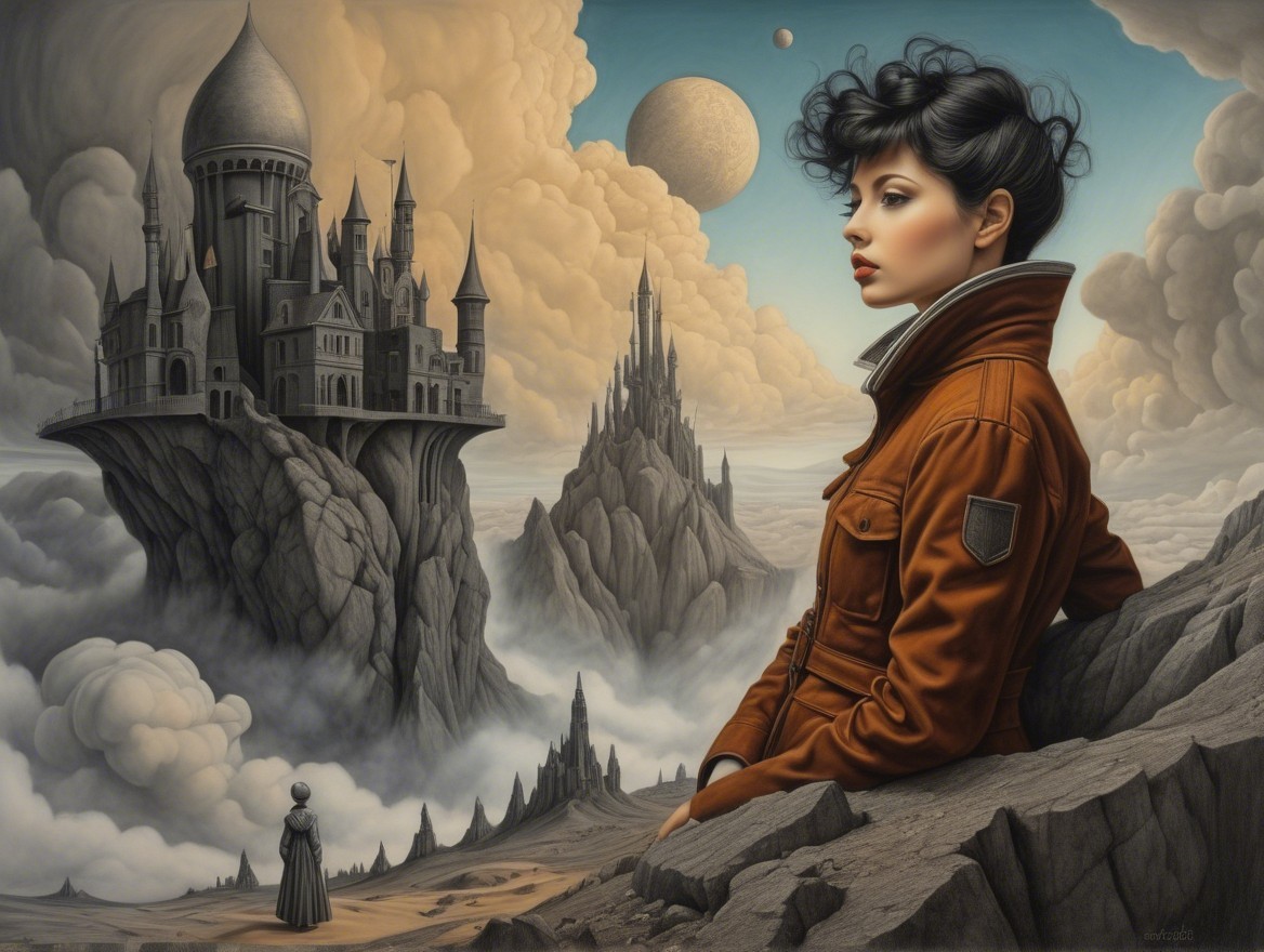 Young woman in leather jacket in surreal landscape