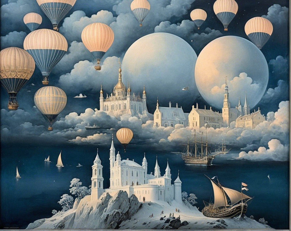 Whimsical Fantasy Landscape with Castles and Balloons