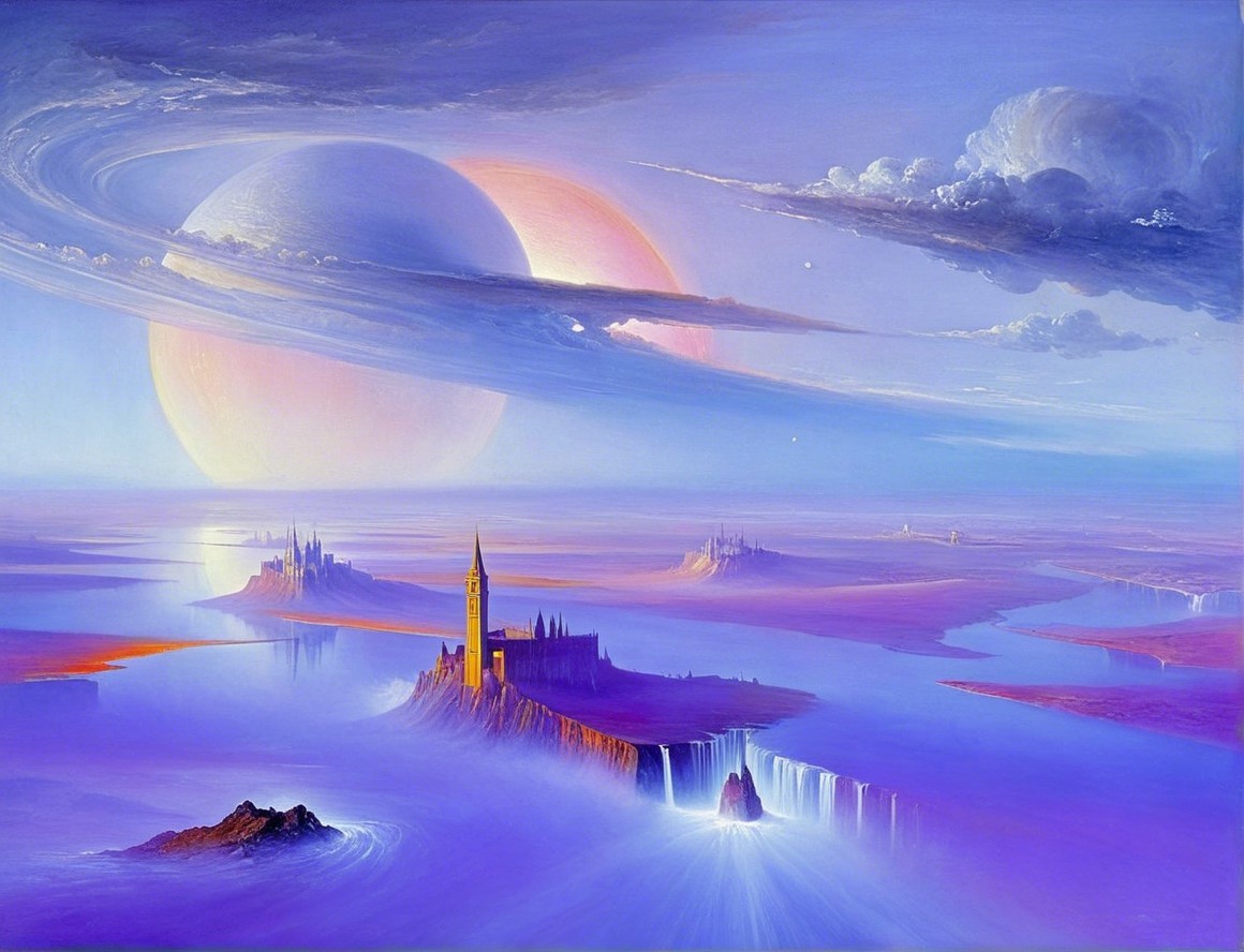 Surreal Landscape with Waterfalls and Celestial Elements