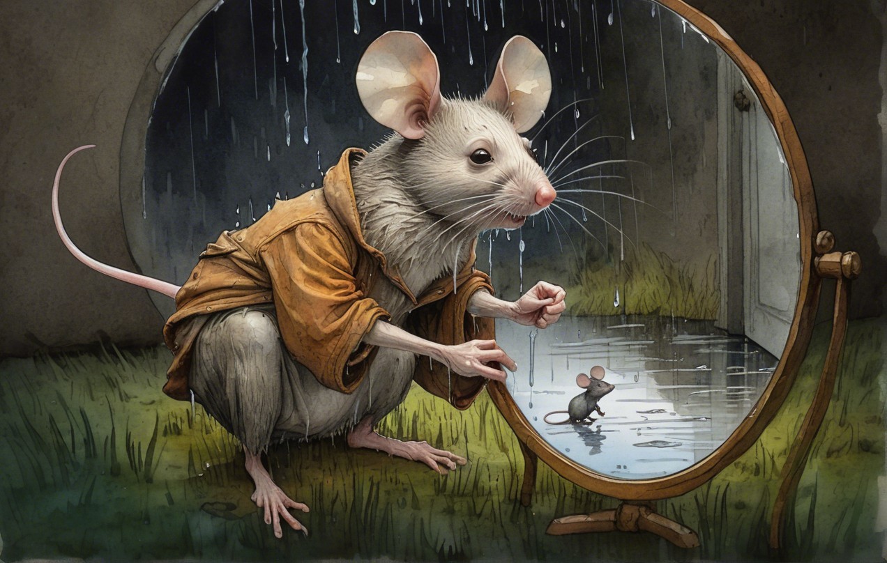 Large Mouse in Raincoat Reflects Smaller Mouse in Mirror