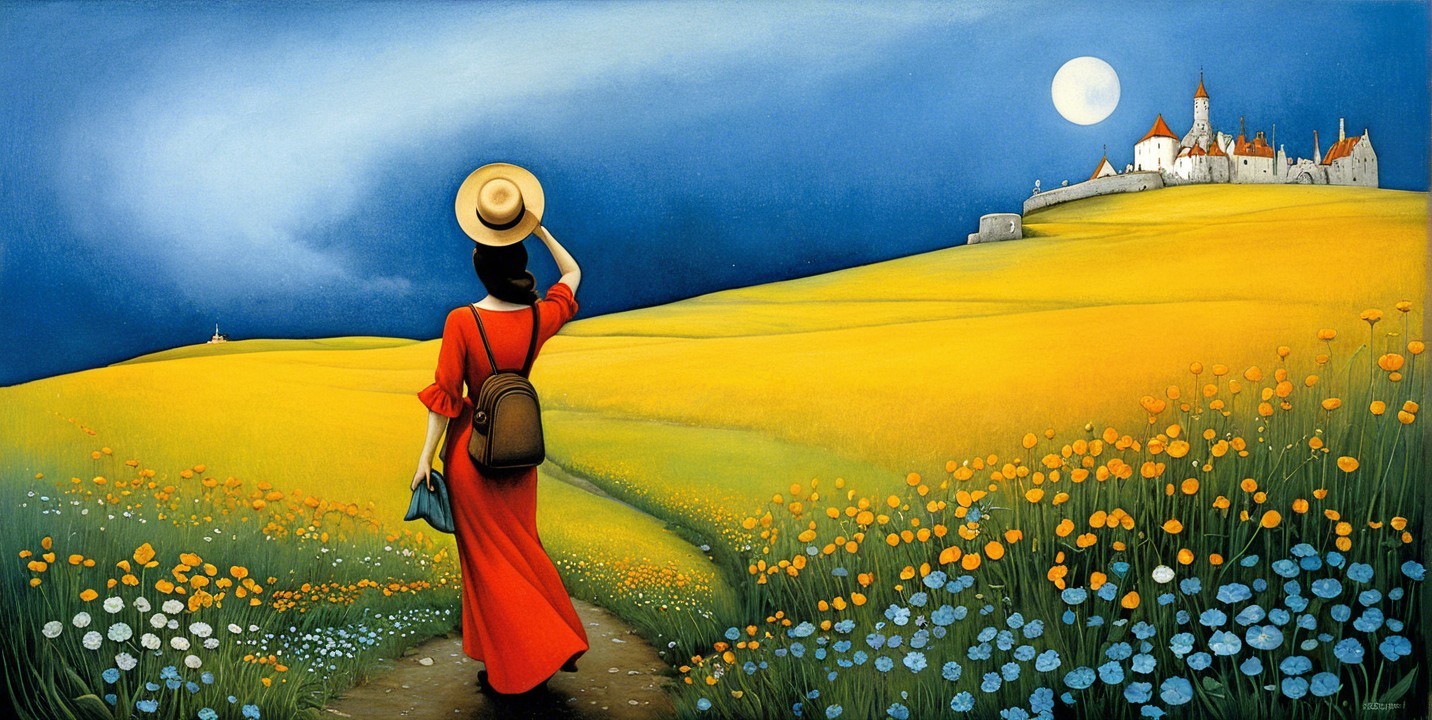 Woman in red dress walking through a flower field