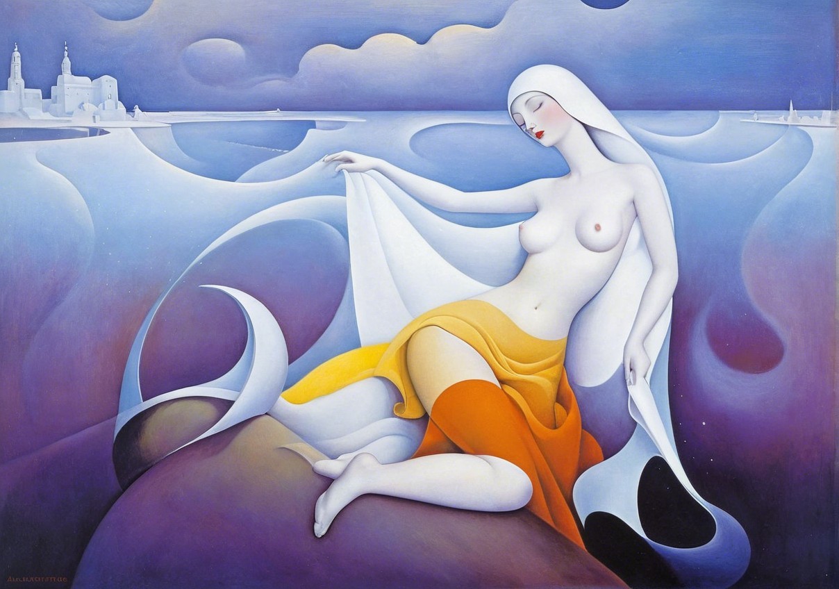 Stylized Figure of Woman by the Serene Sea